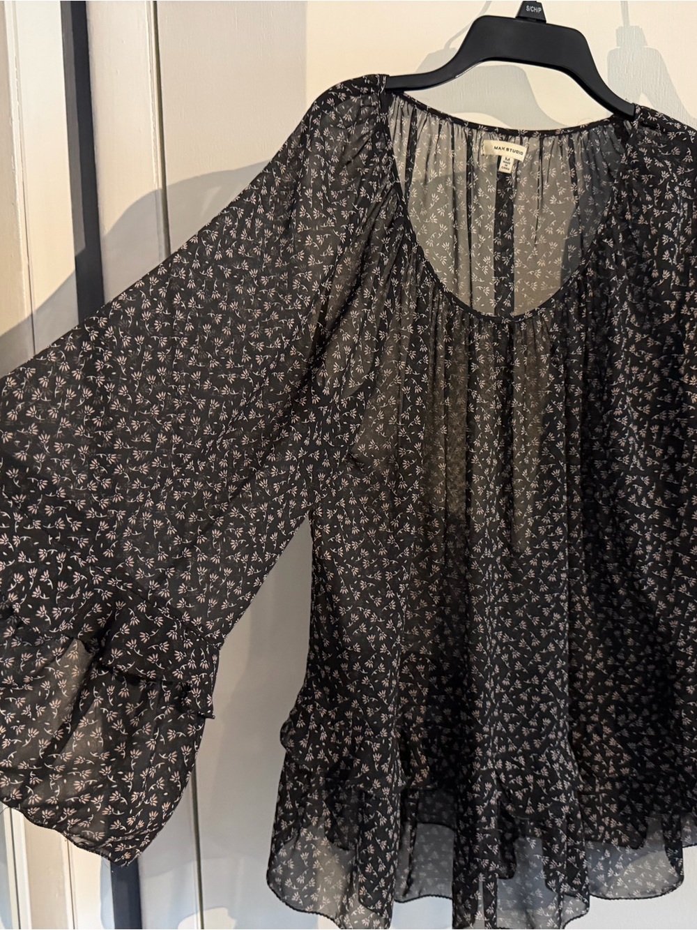 Max Studio Black Sheer Floral Blouse with White Print